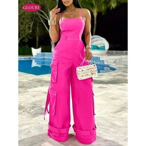 NWT- Wide-Leg Cargo Jumpsuit HOT Pink Romper Multi-Pockets Size XS/SM